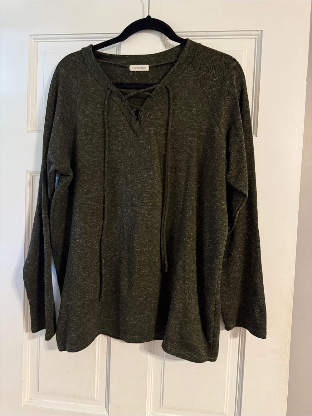 Cotton Blue Olive Green Lace-Up Long Sleeve Top